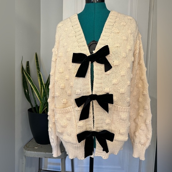 So Me Sweaters - So Me Black Bow Cardigan - Oatmeal size large